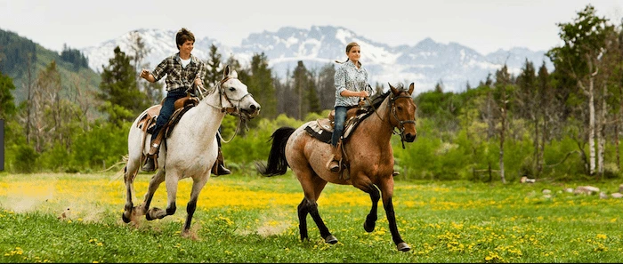 Confident plus-size woman riding Oakham a horse through a field with a smile on her face.
